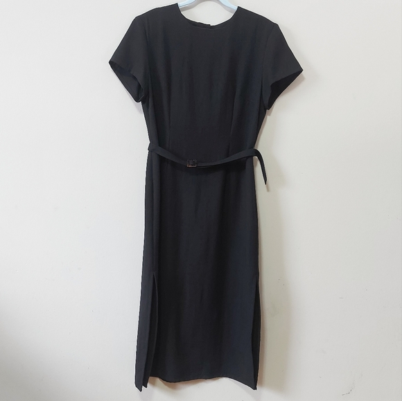 Vintage MJW Studio Midi Dress Size 16 Black Button Back Belted Career Wear - Picture 15 of 16